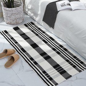 Black Ivory Classic Plaid Small Area Rug 24"x51" Cotton Blend Woven Carpet